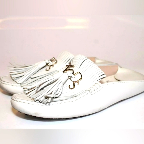 Tod's Italy Made 37 7 White Leather Tassel Driving Moccasins Flats Shoes - Picture 4 of 15